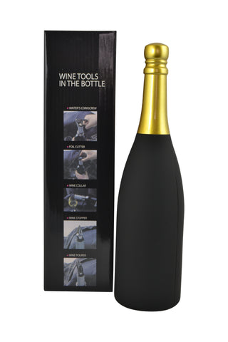 13" Black and gold Wine Bottle w Accessories