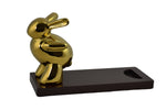 10" Polished Gold Rabbit on Wooden Base Bottle Holder