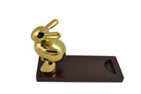 10" Polished Gold Rabbit on Wooden Base Bottle Holder